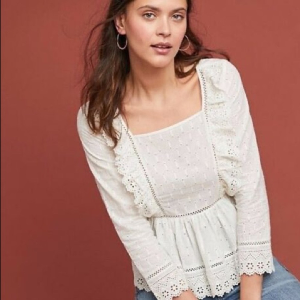 ANTHROPOLOGIE WHITE EYELET RUFFLE PEPLUM BLOUSE